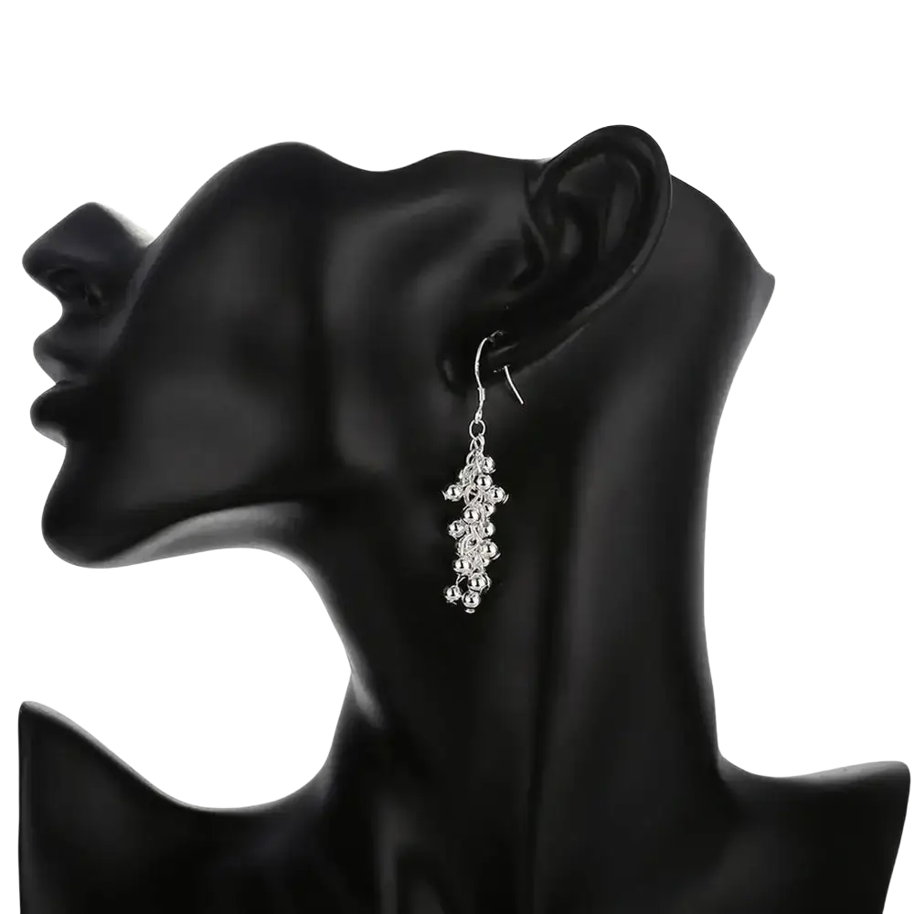 Silver 925 silver grape bead earring with cascading small round beads in a delicate jewelry set design