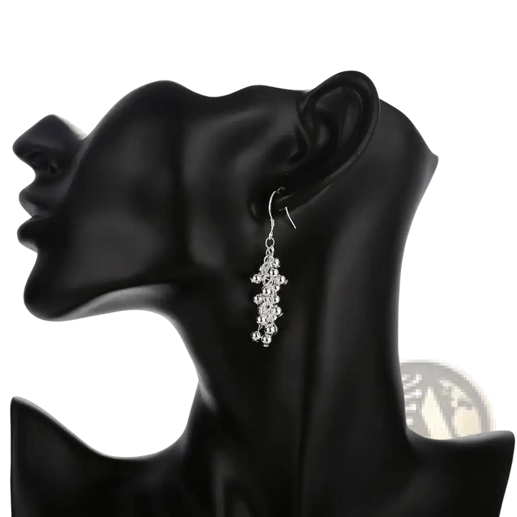 Silver 925 silver grape bead earring with cascading small round beads in a delicate jewelry set design