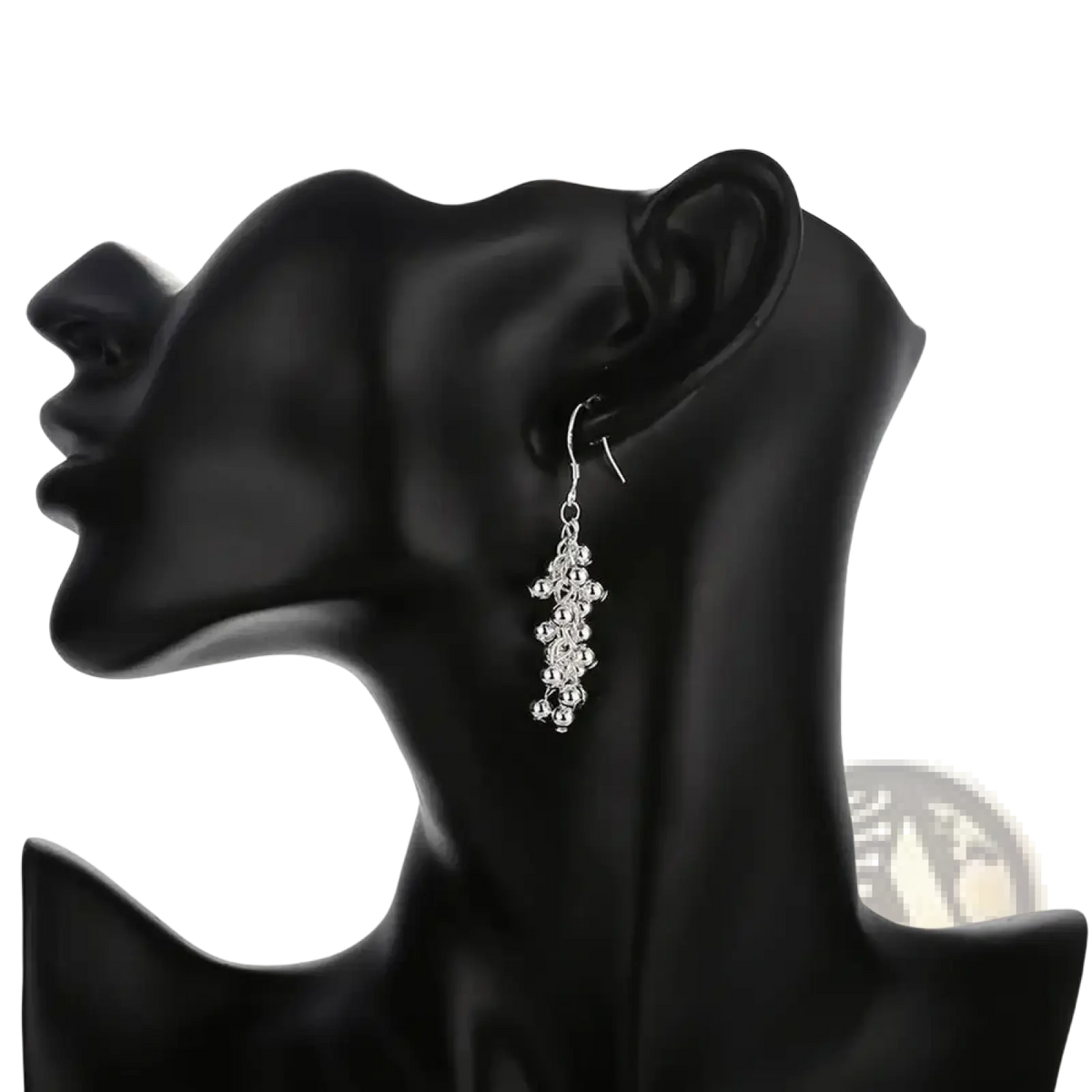 Silver 925 silver grape bead earring with cascading small round beads in a delicate jewelry set design