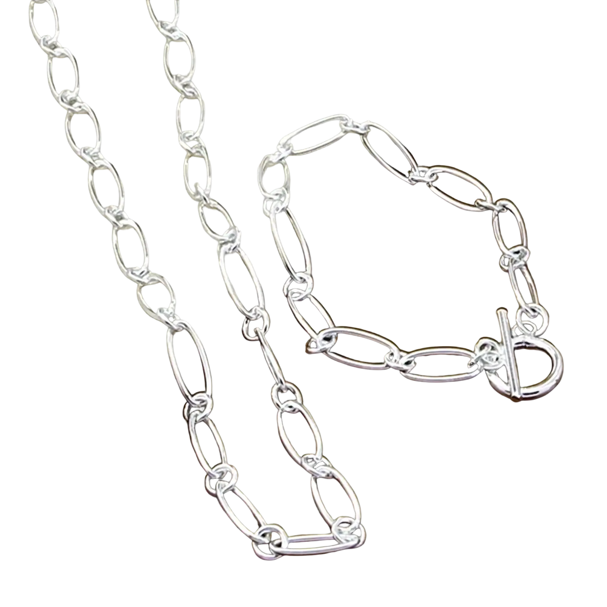 925 silver oval link necklace and matching bracelet set in polished silver for elegant jewelry wear
