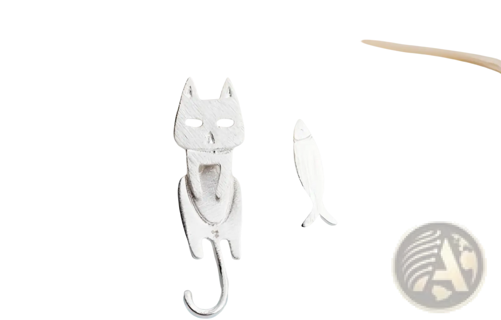 Silver 925 sterling silver asymmetric cat earring with minimalist design and delicate dangling hook