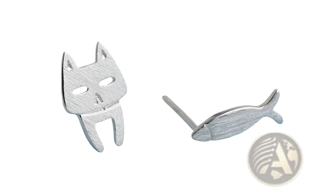Silver 925 sterling silver asymmetric cat and fish stud earrings with a matte finish for everyday wear