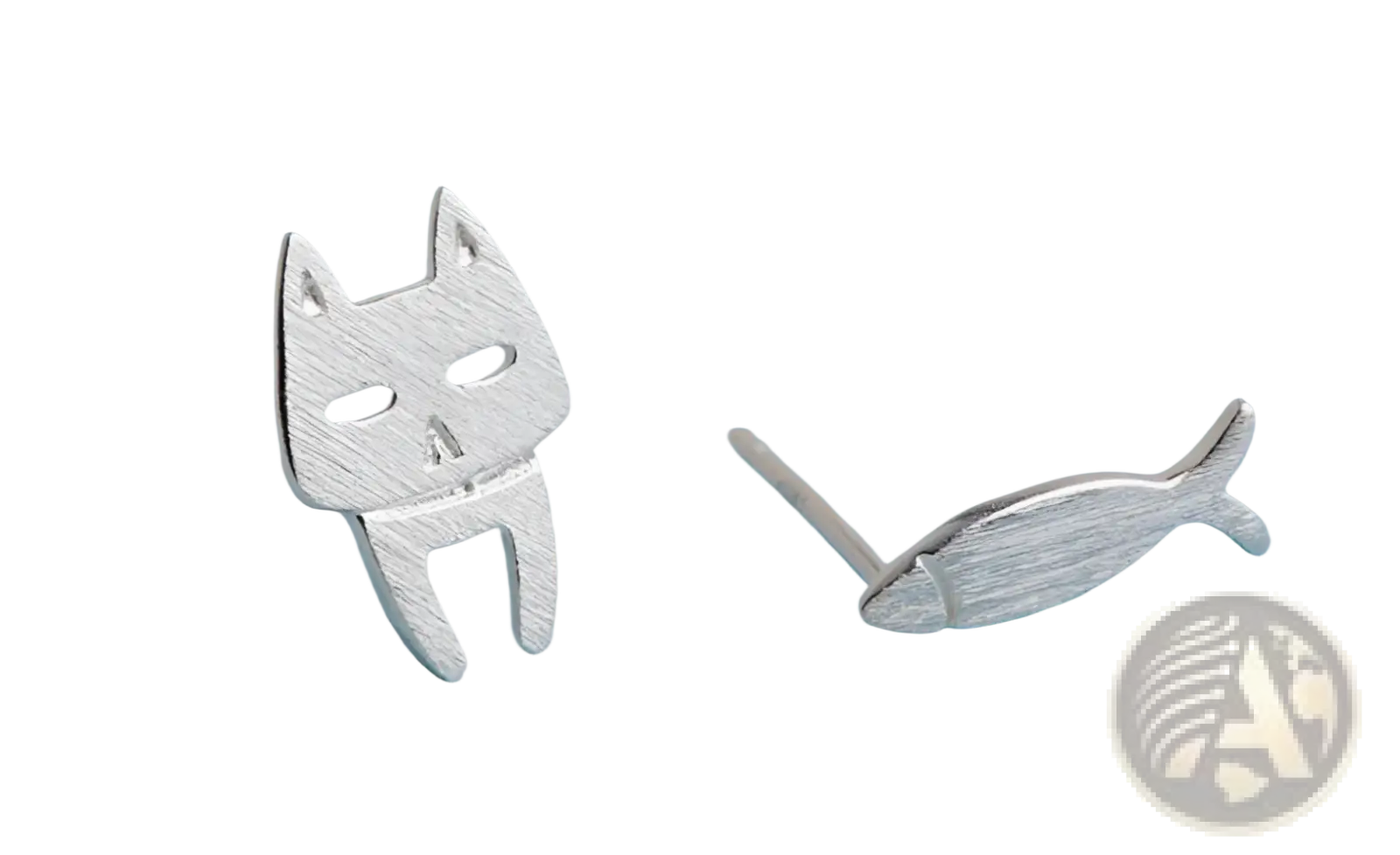 Silver 925 sterling silver asymmetric cat and fish stud earrings with a matte finish for everyday wear