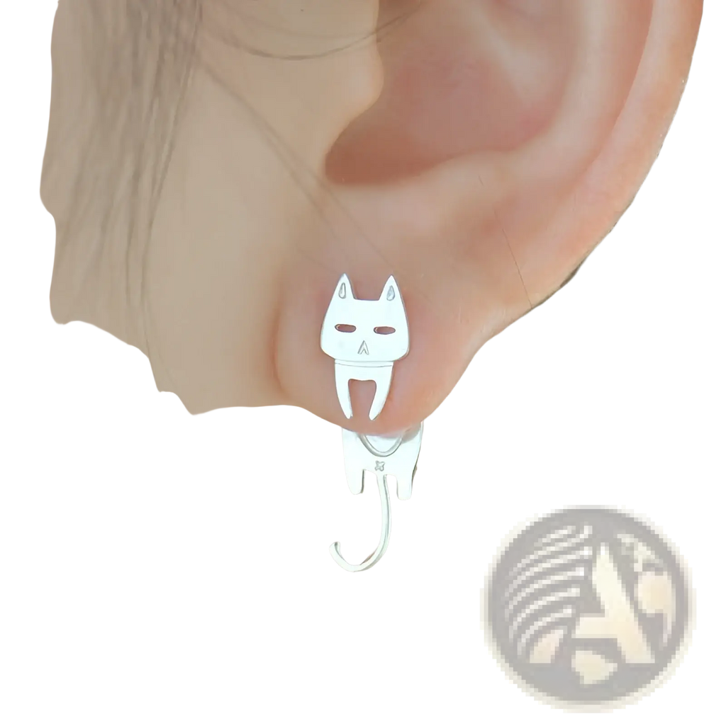 Silver 925 sterling silver cat-shaped stud earring with dangling tail design from asymmetric cat and fish set