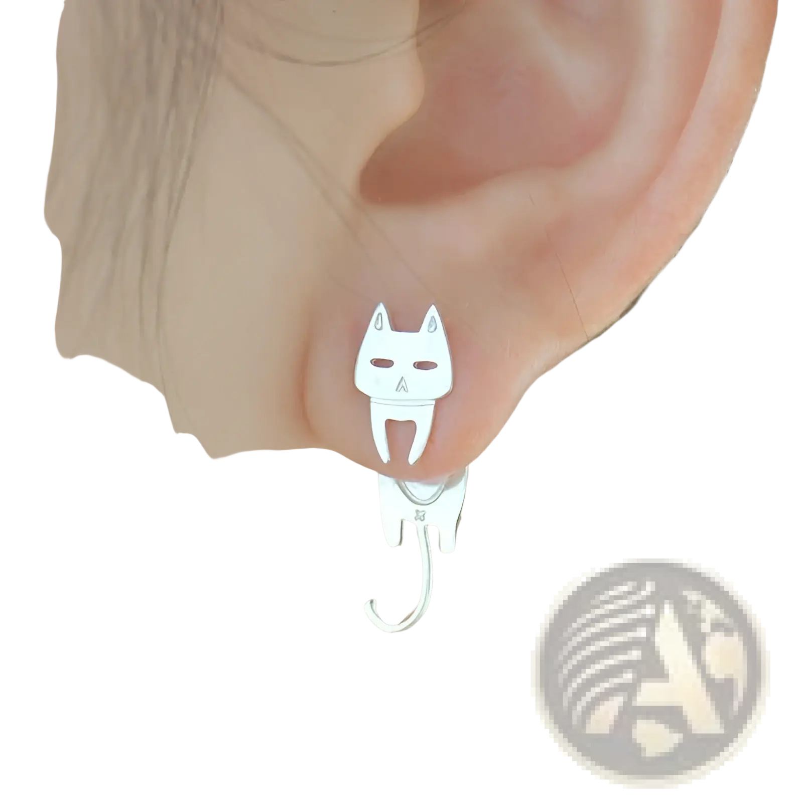 Silver 925 sterling silver cat-shaped stud earring with dangling tail design from asymmetric cat and fish set