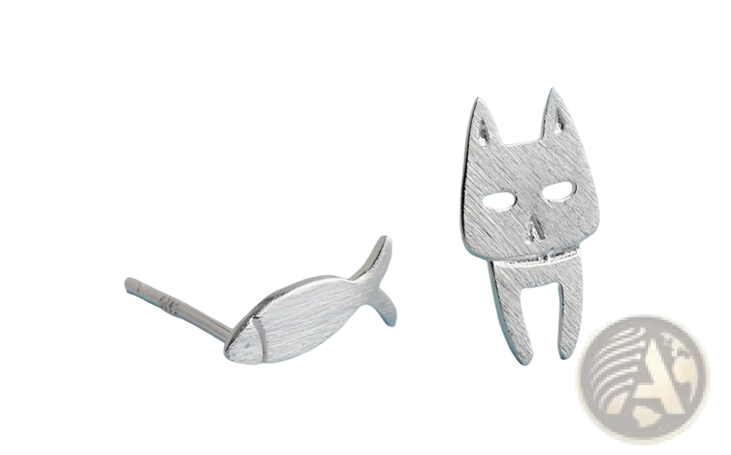 Silver 925 sterling silver asymmetric cat and fish stud earrings with a brushed metallic finish