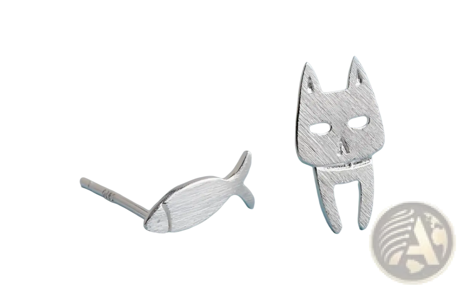 Silver 925 sterling silver asymmetric cat and fish stud earrings with a brushed metallic finish