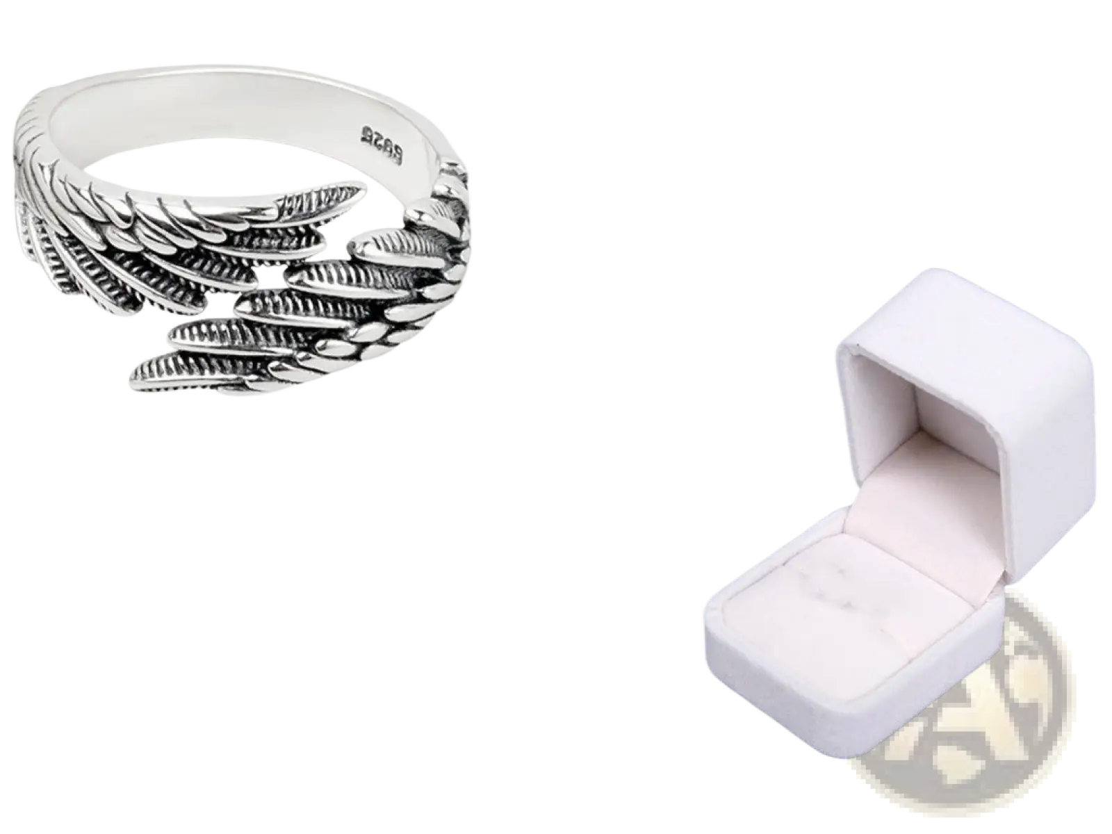 925 sterling silver angel wing ring with detailed feather engraving and visible 925 sterling silver hallmark