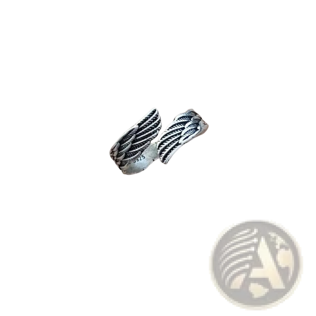 925 sterling silver detailed angel wing ring with intricate feather design and polished metallic silver finish
