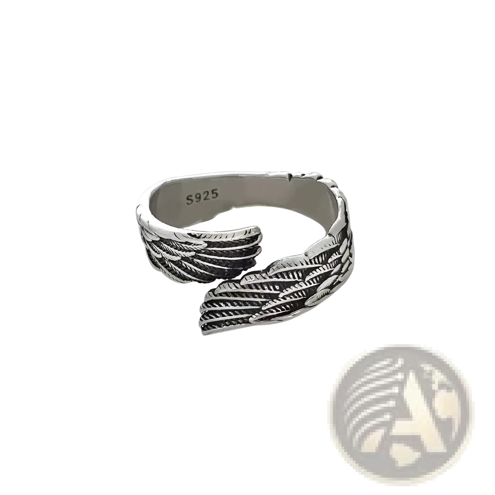 925 sterling silver detailed angel wing ring in silver with intricate feather engraving and s925 hallmark visible