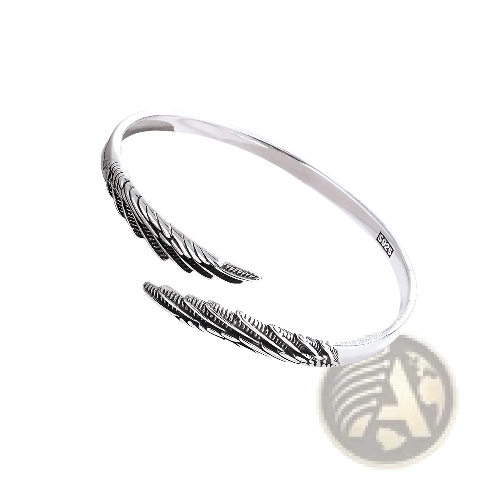 Silver 925 sterling silver open bangle bracelet with intricately detailed angel wing designs in sterling silver