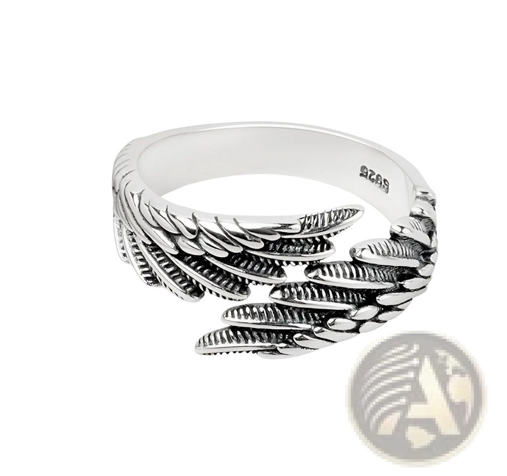925 sterling silver angel wing ring with intricate feather detailing and polished reflective finish in silver tone
