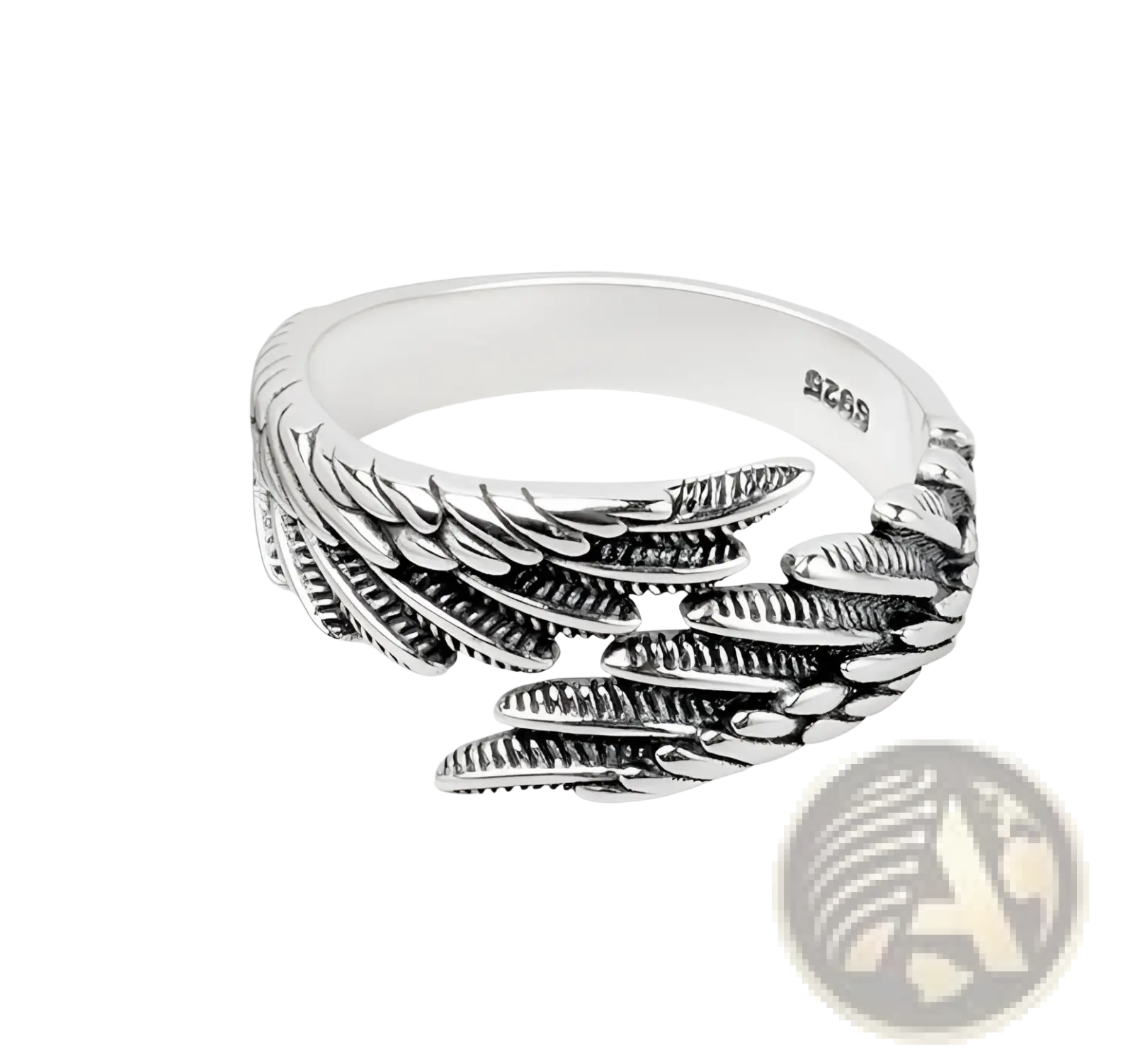 925 sterling silver angel wing ring with intricate feather detailing and polished reflective finish in silver tone