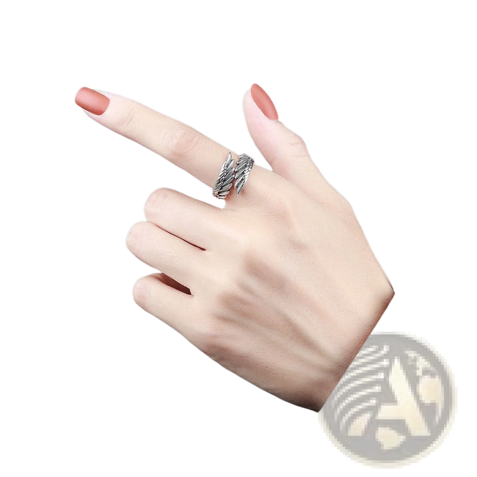 Silver-toned 925 sterling silver detailed angel wing ring with an intricately twisted band worn on a finger