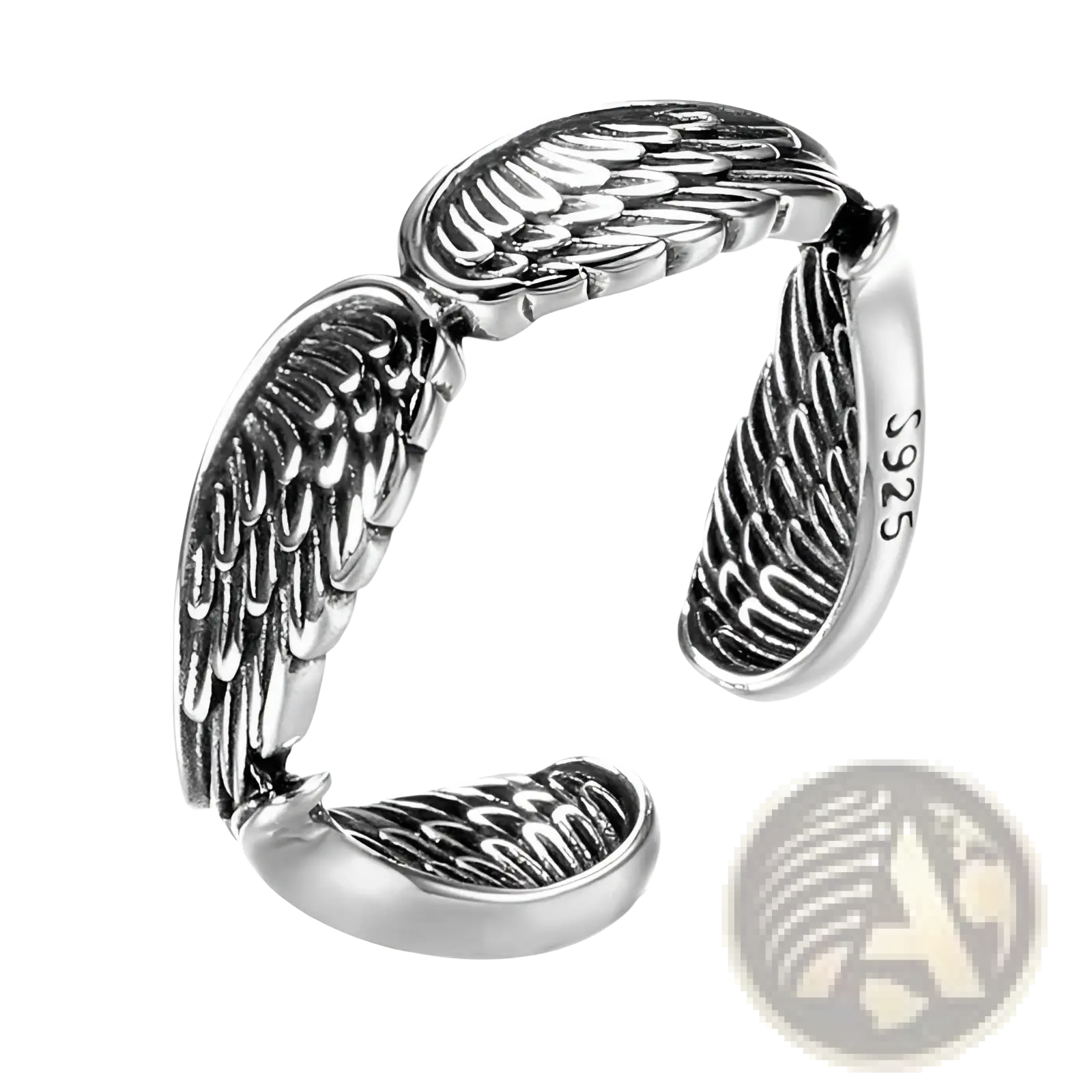 A silver 925 sterling silver angel wing ring with intricate feather detailing and a flexible open design