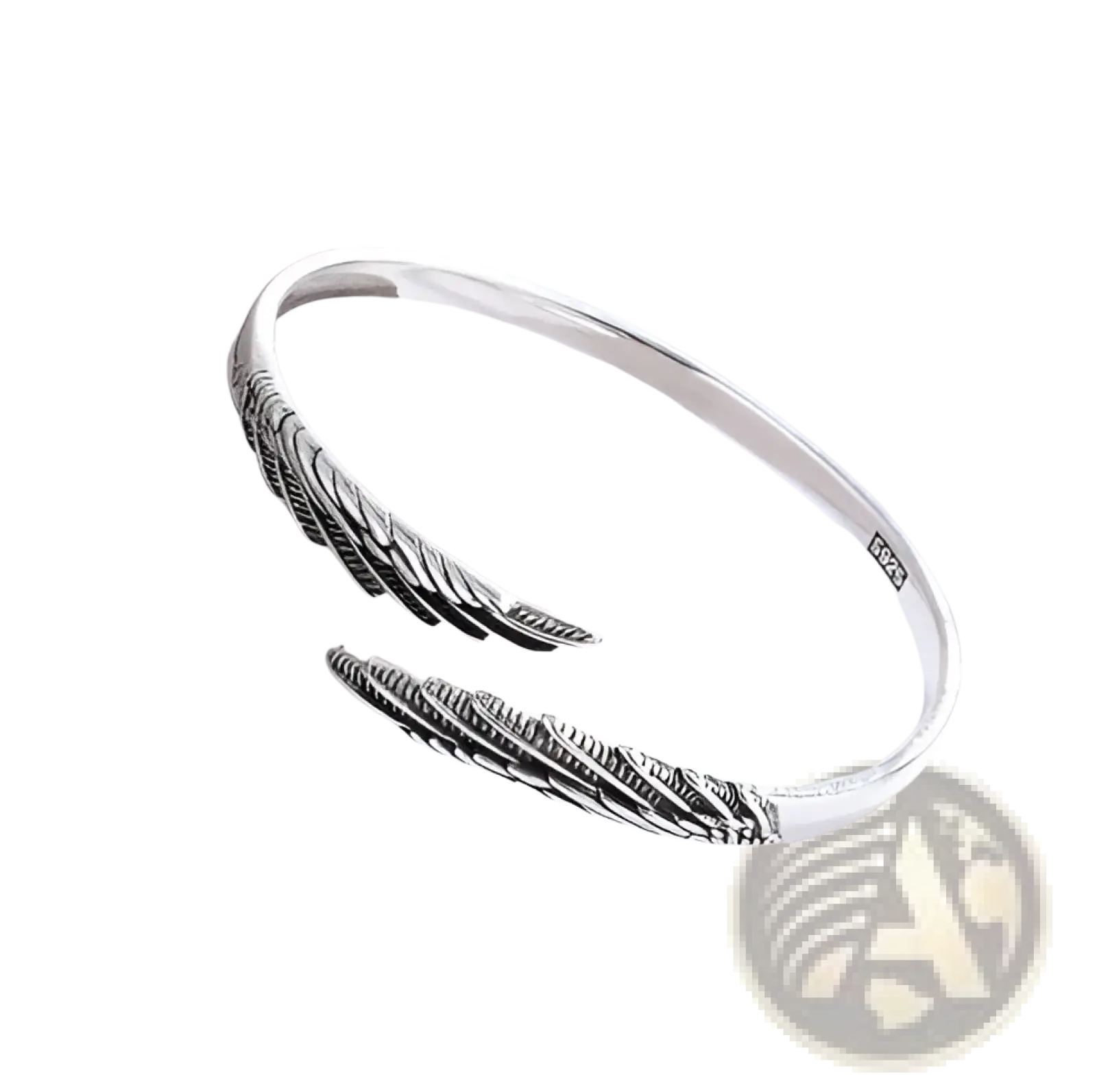 Silver feather-themed open bangle bracelet in 925 sterling silver with intricate engraved angel wing detailing