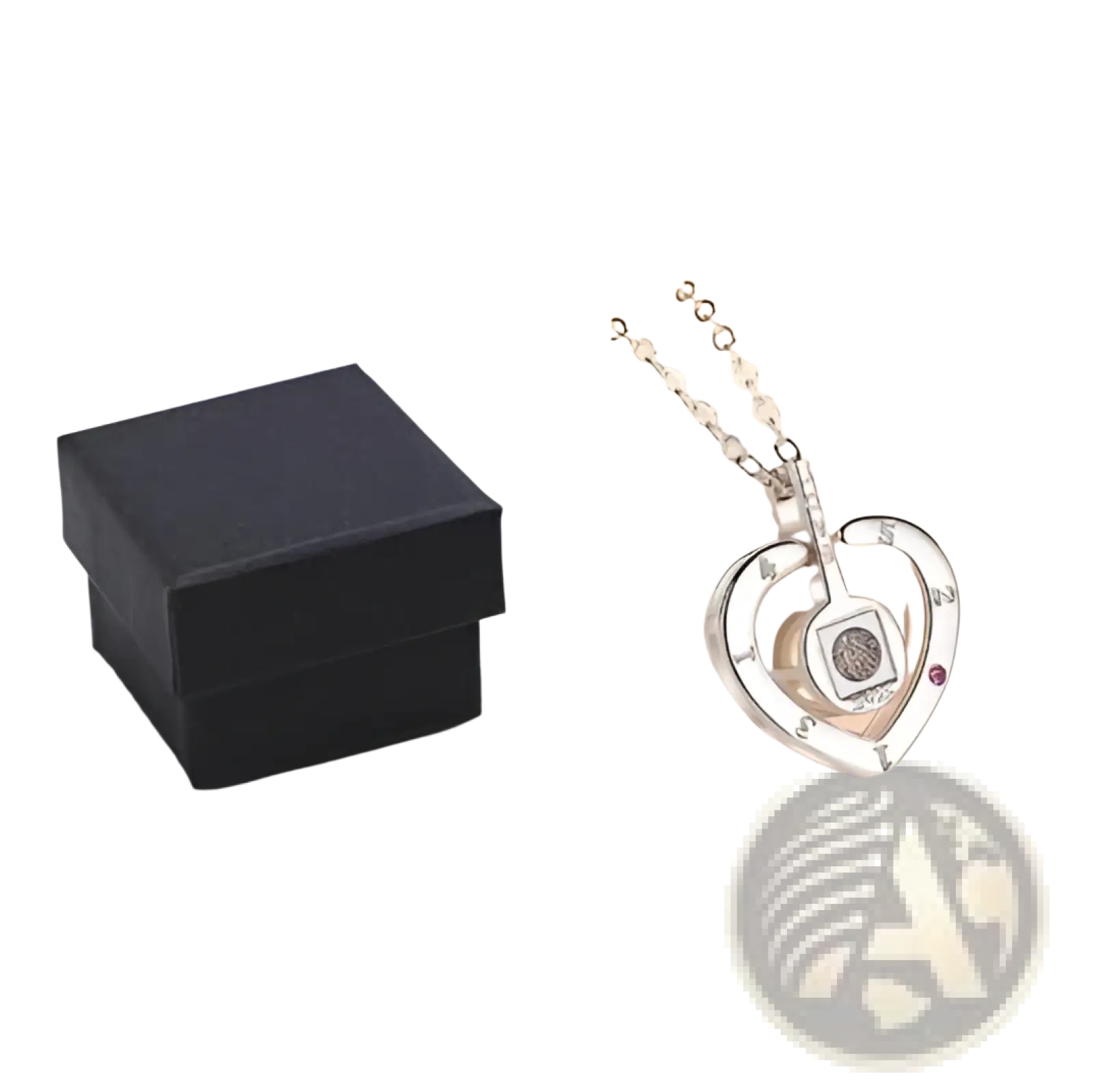Silver 925 sterling silver heart pendant necklace with central square design and embedded gemstones saying i love you