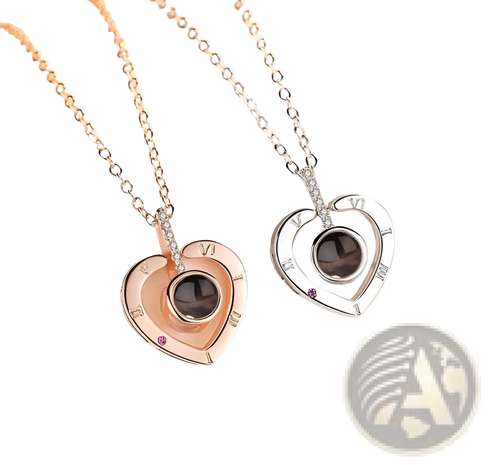 Two heart-shaped 925 sterling silver pendant necklaces in rose gold and silver with dark center and roman numerals design