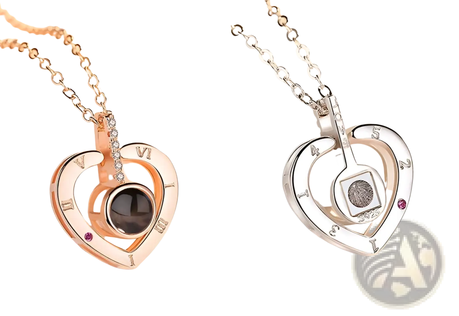 925 sterling silver i love you heart pendant necklace with rose gold and silver tone, roman numerals, diamonds, and red gemstones