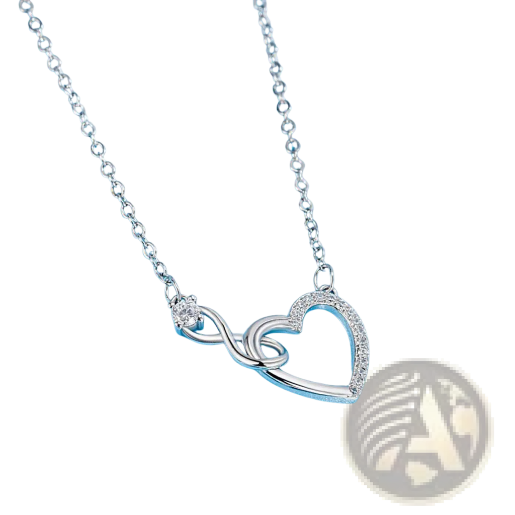 925 sterling silver pave crystal infinity heart necklace with silver pave-set diamonds and delicate chain close up