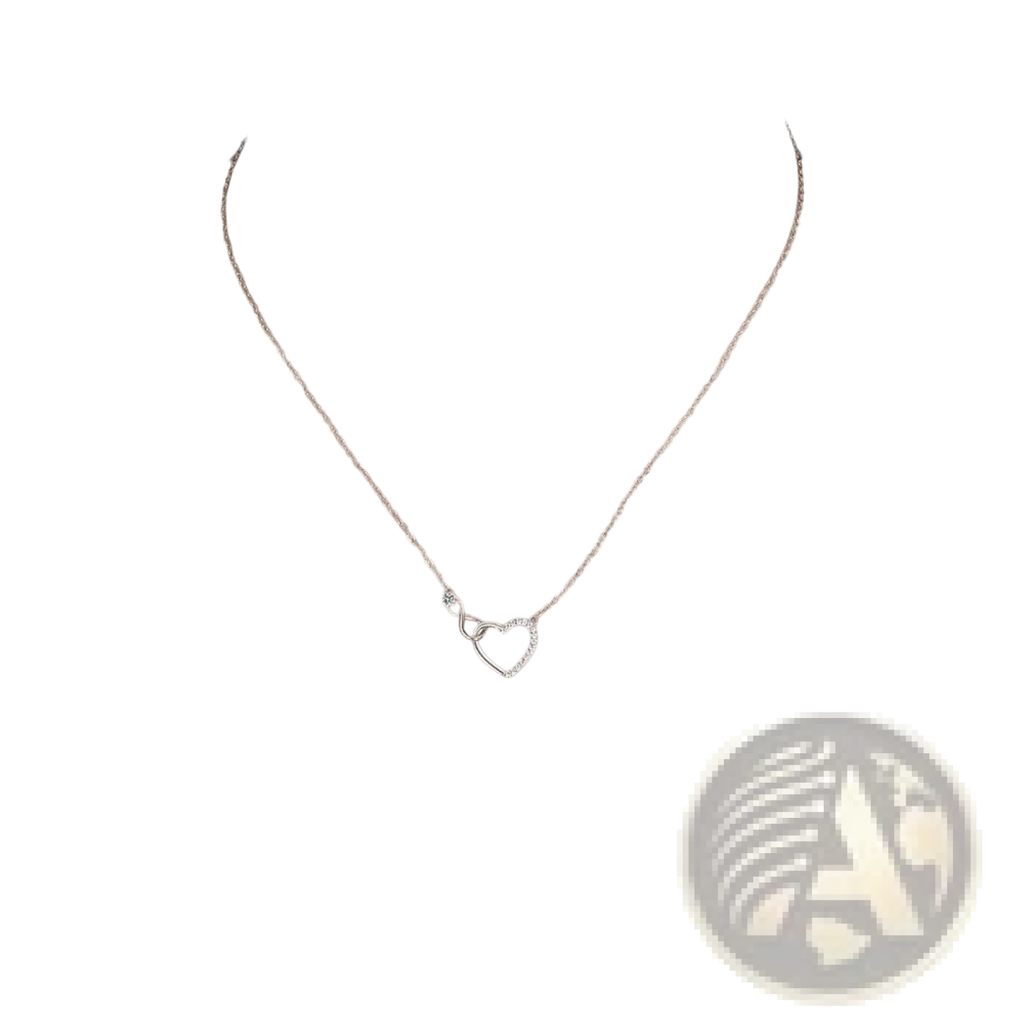A delicate 925 sterling silver chain necklace with an open pave crystal infinity heart pendant
