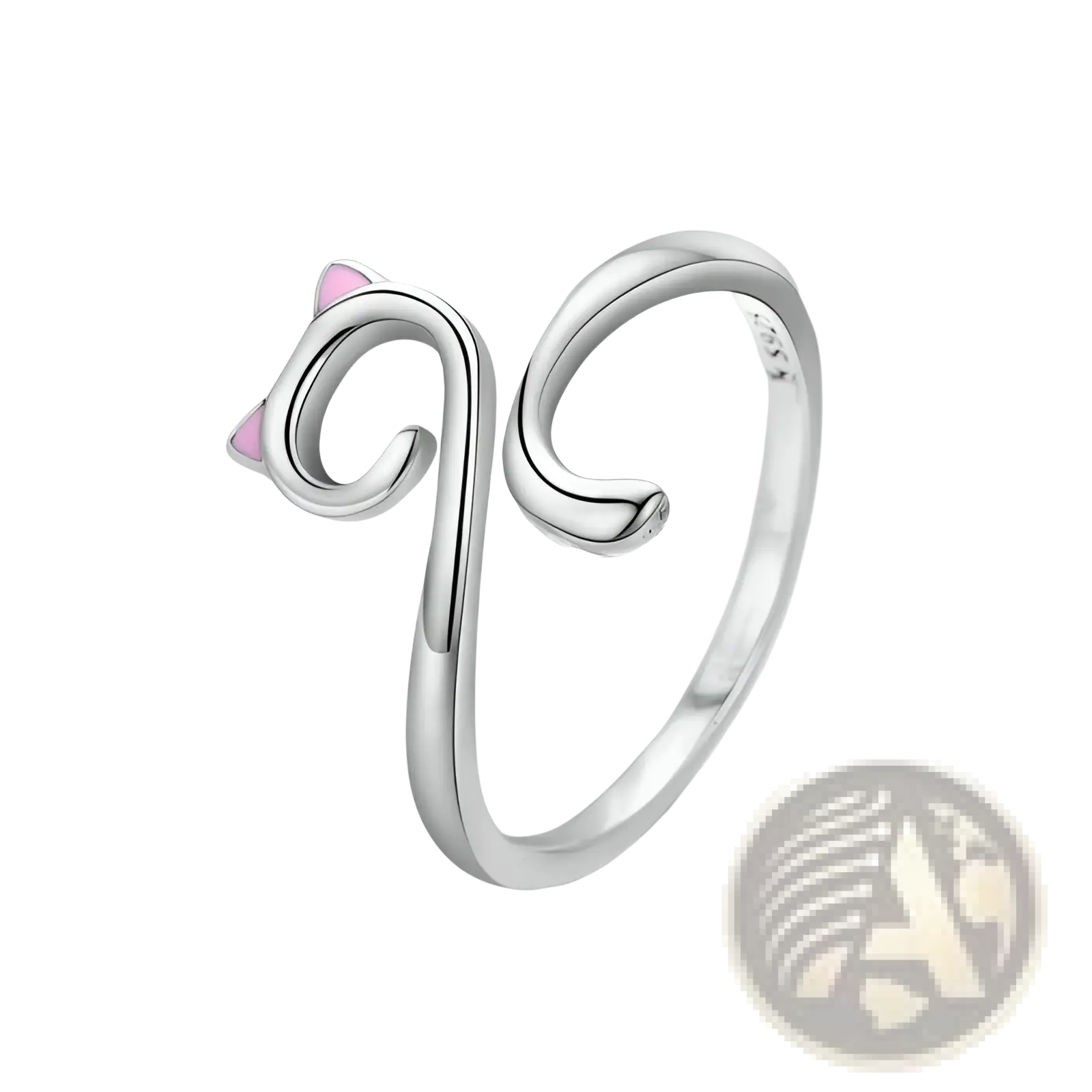 A delicate 925 sterling silver cat ring with pink enamel accents on the ears