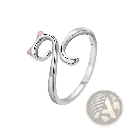 A delicate 925 sterling silver cat ring with pink enamel accents on the ears