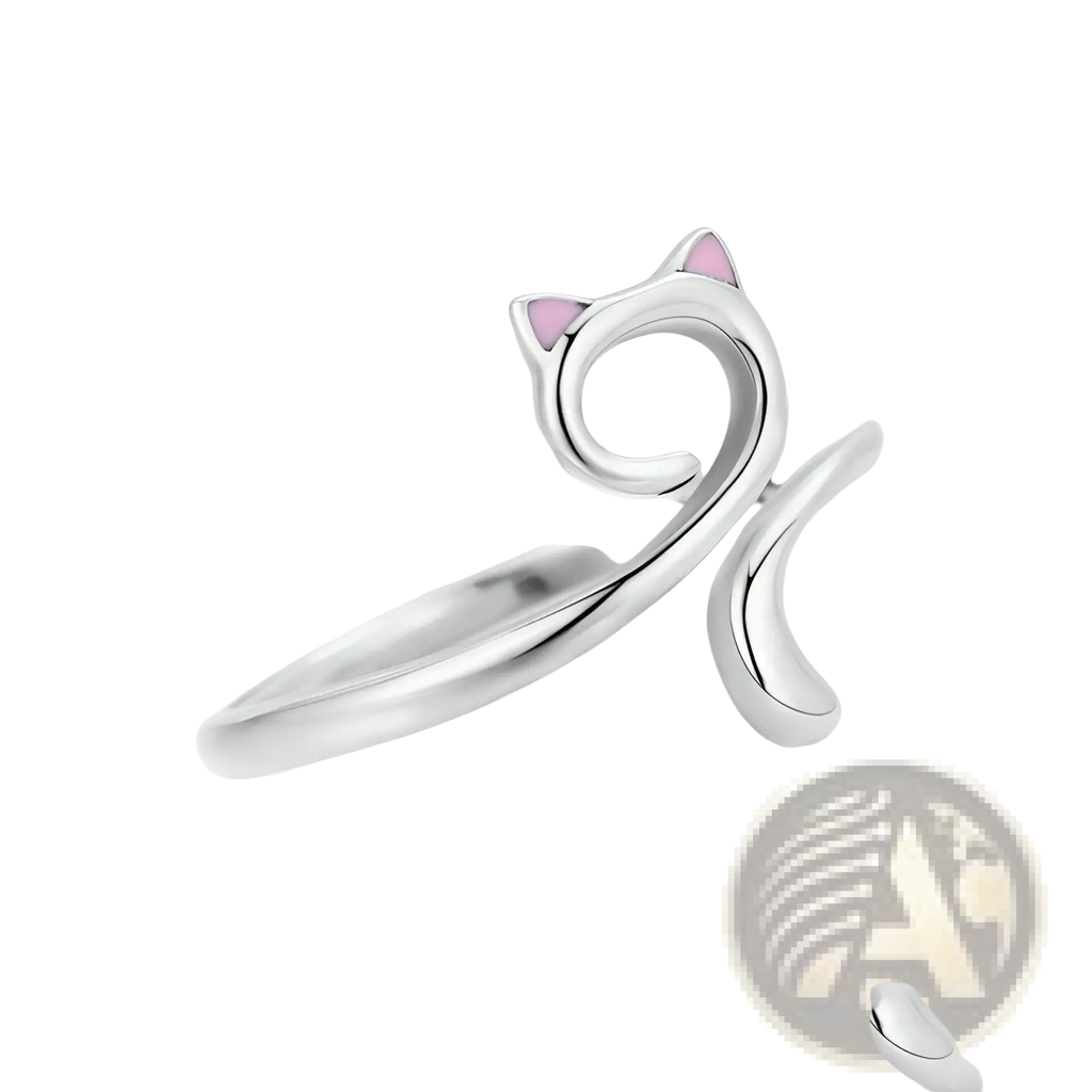 Silver 925 sterling silver cat ring with pink enamel ears featuring a sleek cat-shaped design