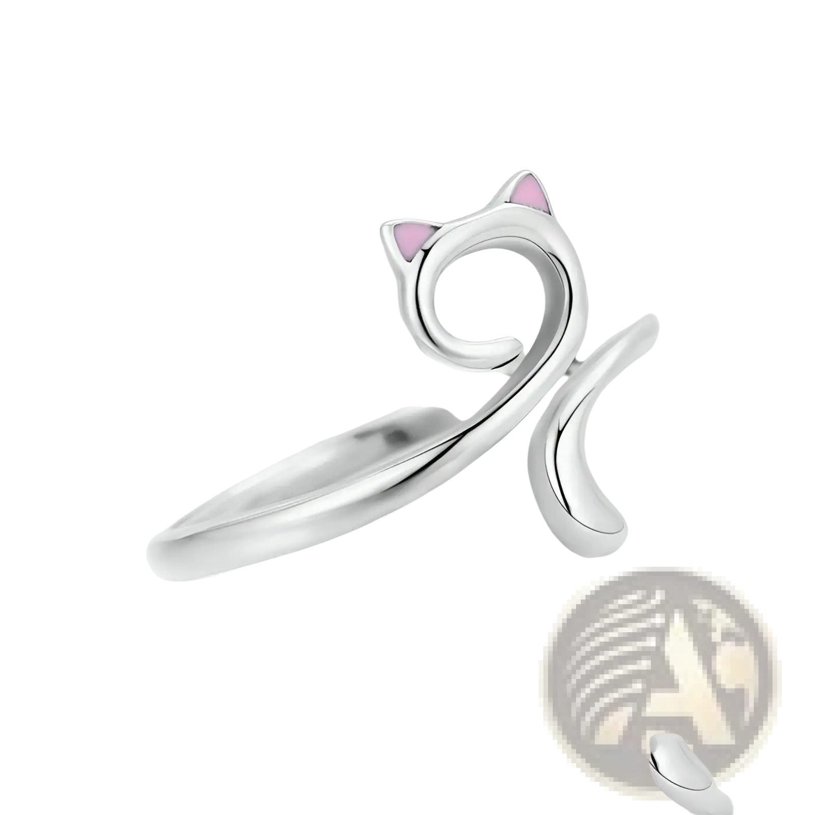 Silver 925 sterling silver cat ring with pink enamel ears featuring a sleek cat-shaped design