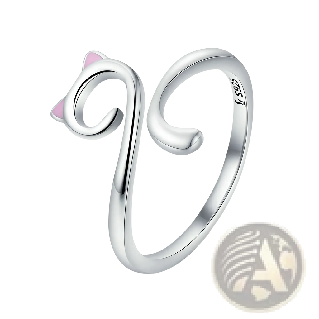 925 sterling silver cat ring with delicate pink enamel ears and a sleek curved design for stylish wear
