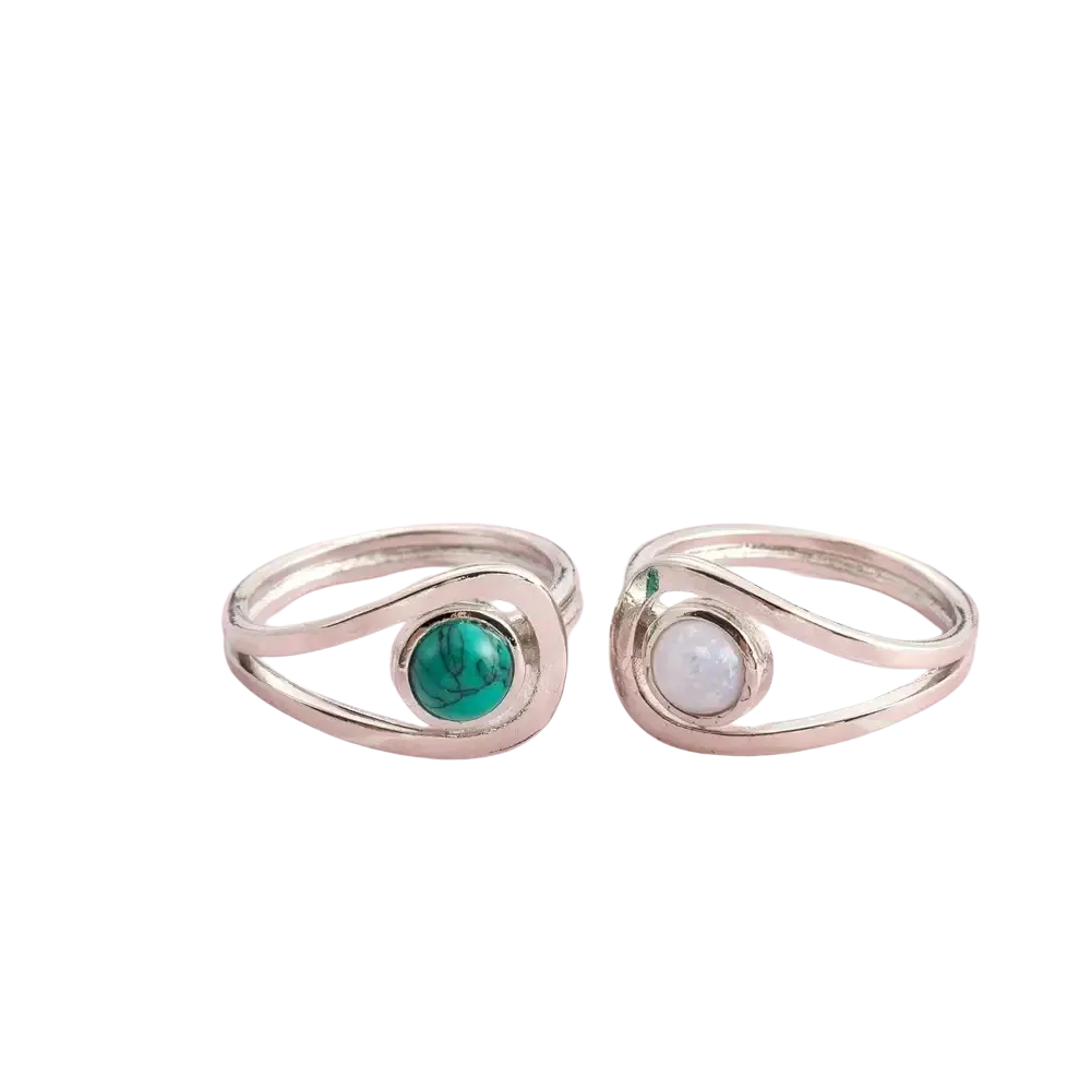 925 sterling silver wedding engagement toe rings with oval turquoise and moonstone set in elegant curved bands