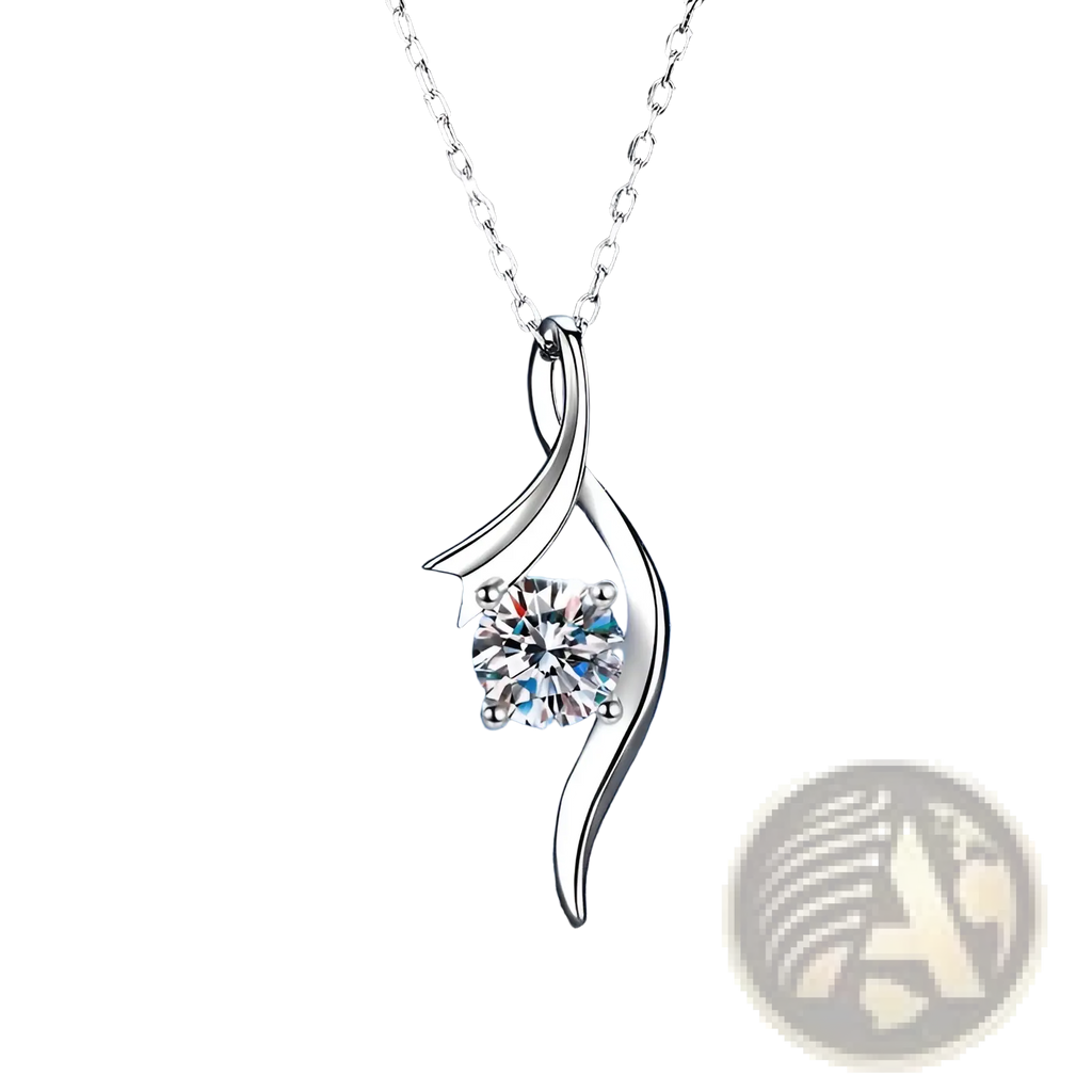 925 sterling silver twisted moissanite solitaire necklace with flowing design and central round-cut clear gemstone
