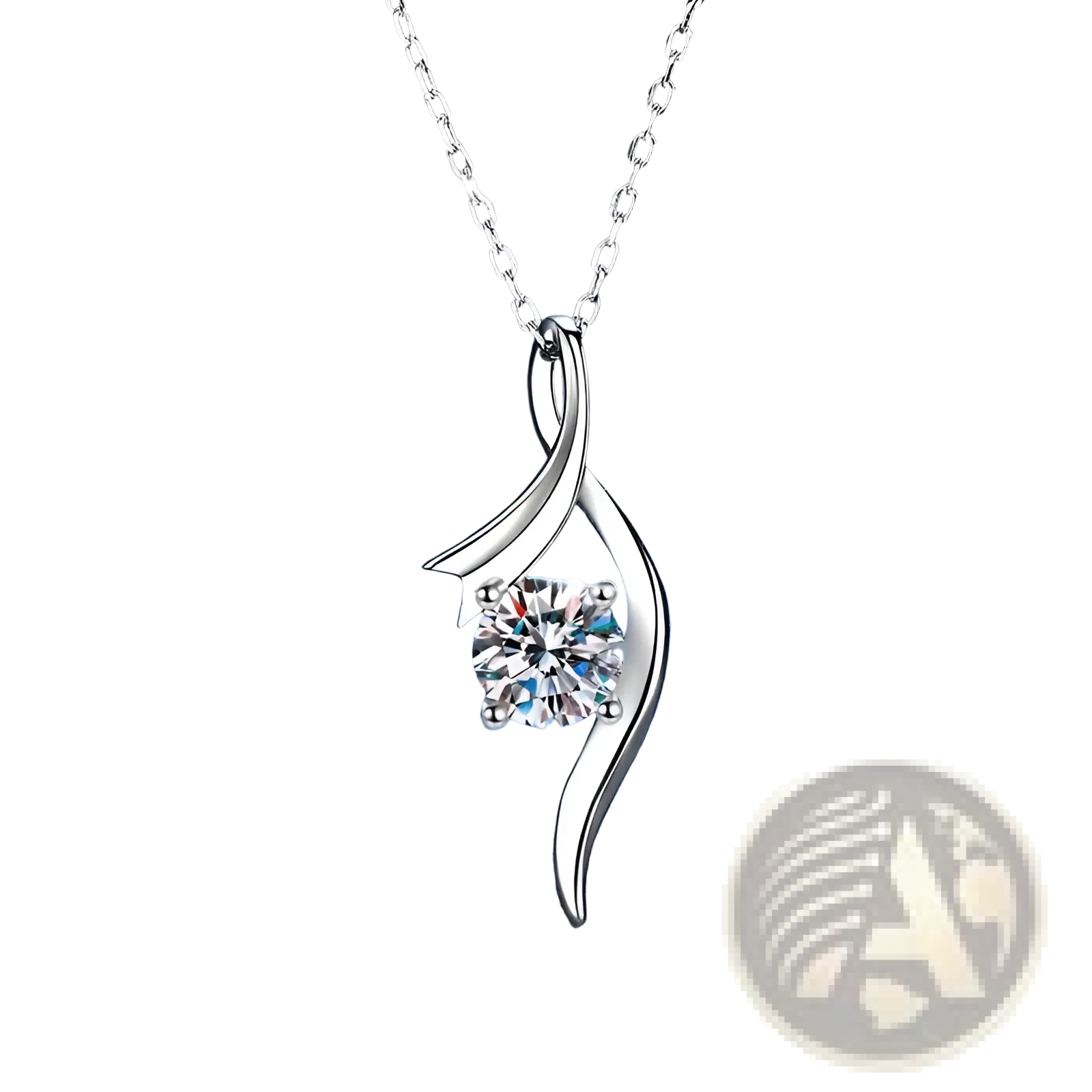 925 sterling silver twisted moissanite solitaire necklace with flowing design and central round-cut clear gemstone