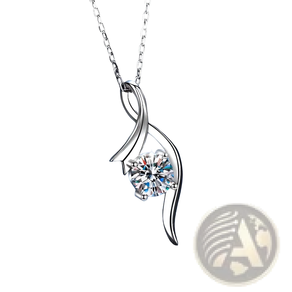 925 sterling silver twisted moissanite solitaire necklace with swirling leaf design and central round-cut clear gemstone