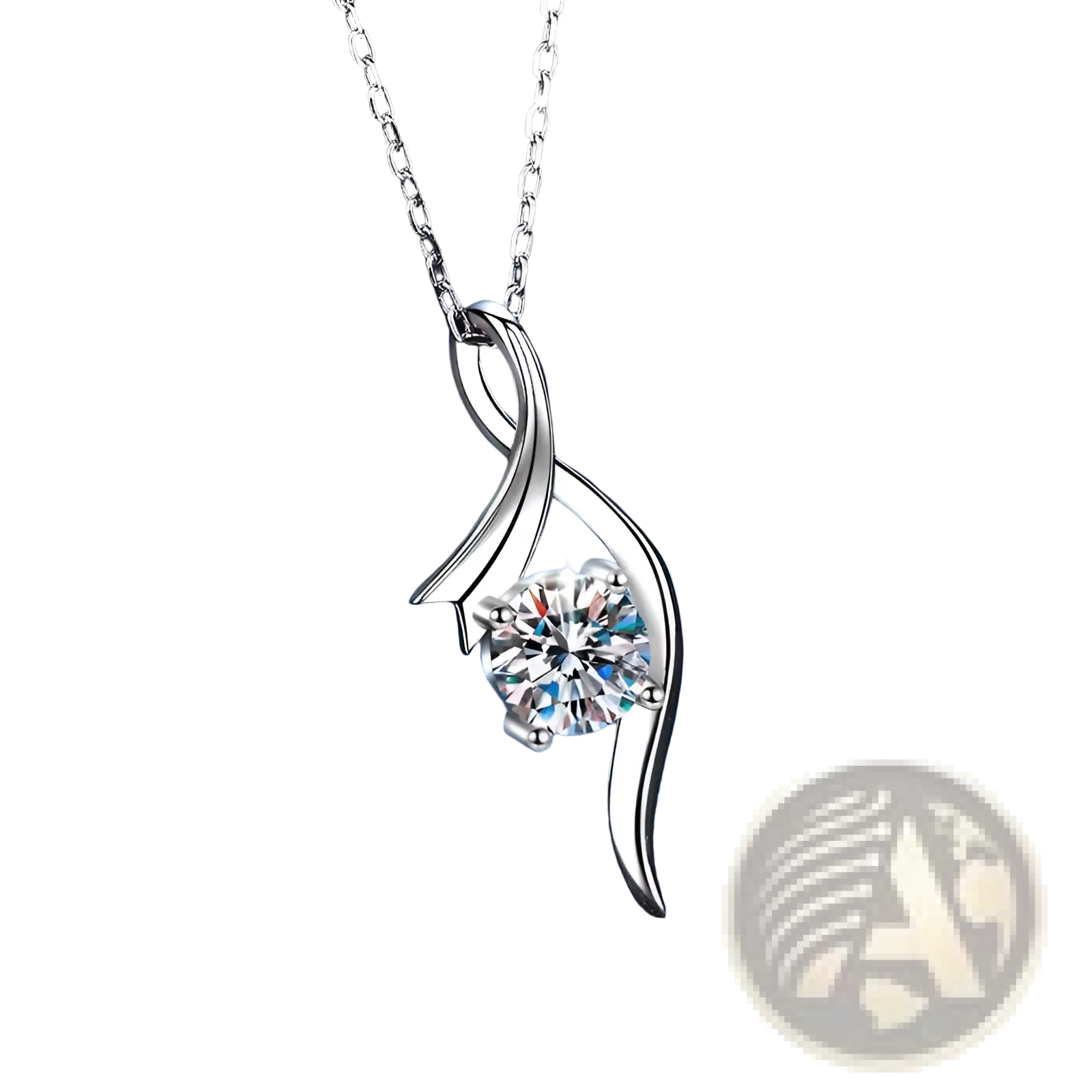 925 sterling silver twisted moissanite solitaire necklace with swirling leaf design and central round-cut clear gemstone