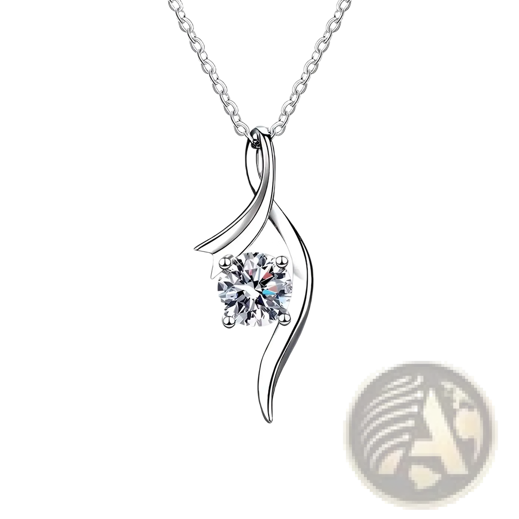 925 sterling silver twisted moissanite solitaire necklace with a delicate flowing design and central round-cut gemstone