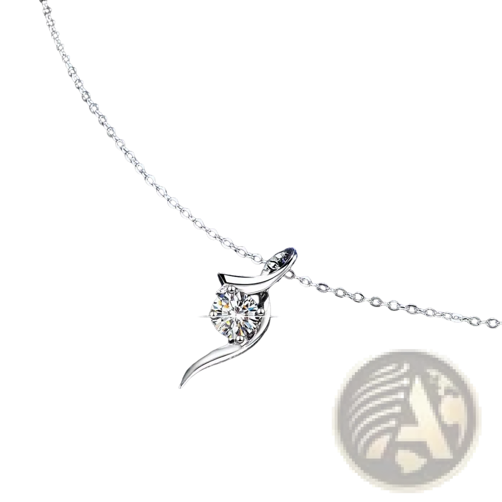 A 925 sterling silver twisted moissanite solitaire necklace with a delicate leaf-shaped pendant and round-cut diamond