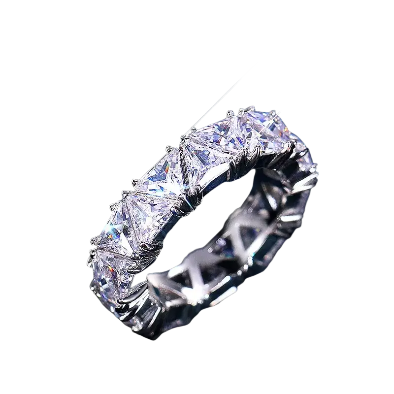 A 925 sterling silver zircon eternity ring with a sparkling silver band featuring triangular-cut clear stones
