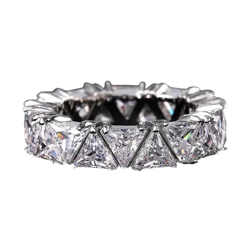 A 925 sterling silver zircon eternity ring featuring a sparkling row of triangular-cut clear gemstones