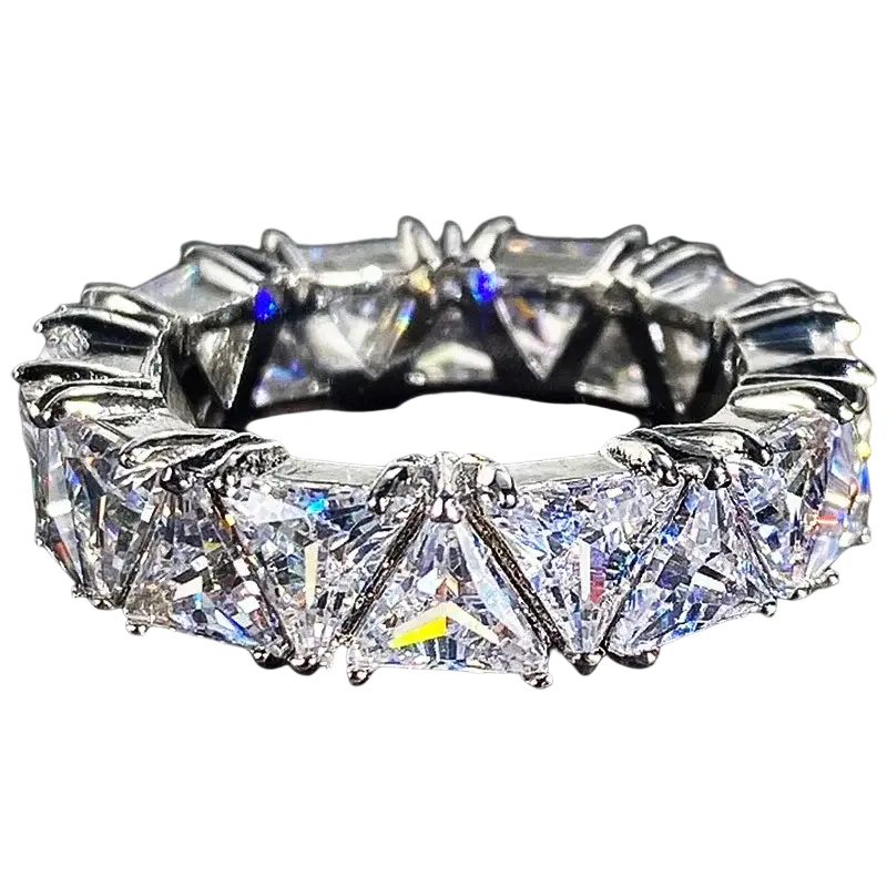 925 sterling silver zircon eternity ring with large princess-cut clear crystals in a claw-style setting