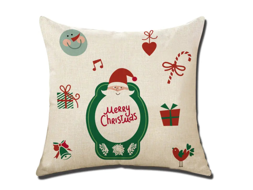beige christmas linen pillowcase featuring a festive wreath santa design with a green-framed santa claus and merry christmas text surrounded by red and green holiday icons including candy canes gifts hearts and birds