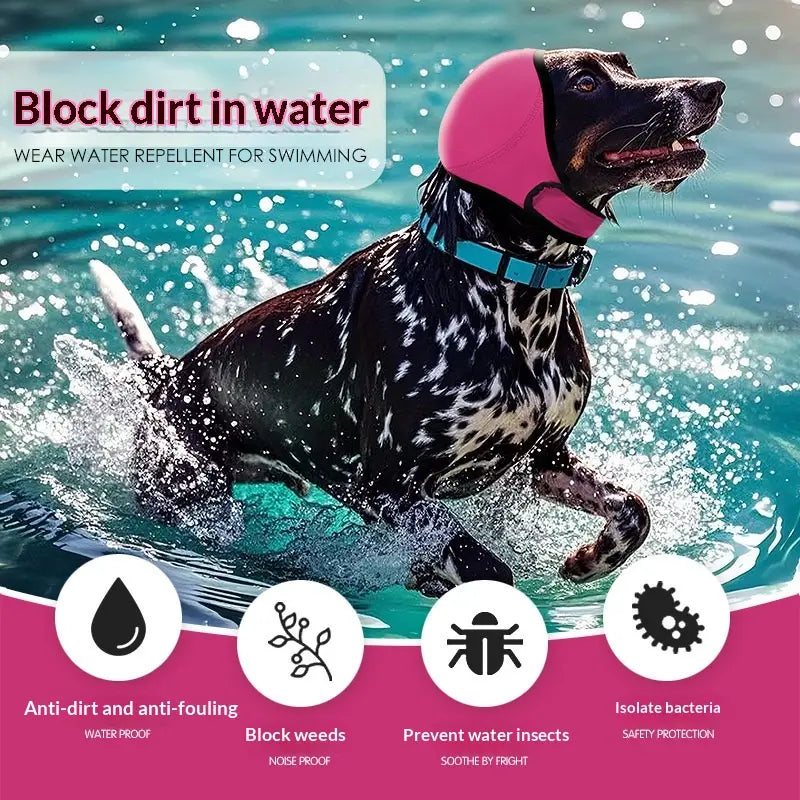 capuchon de baignade en néoprène rose hydrofuge pour chiens, conçu comme bonnet de bain protecteur d’oreilles de chien, présenté depuis la face arrière