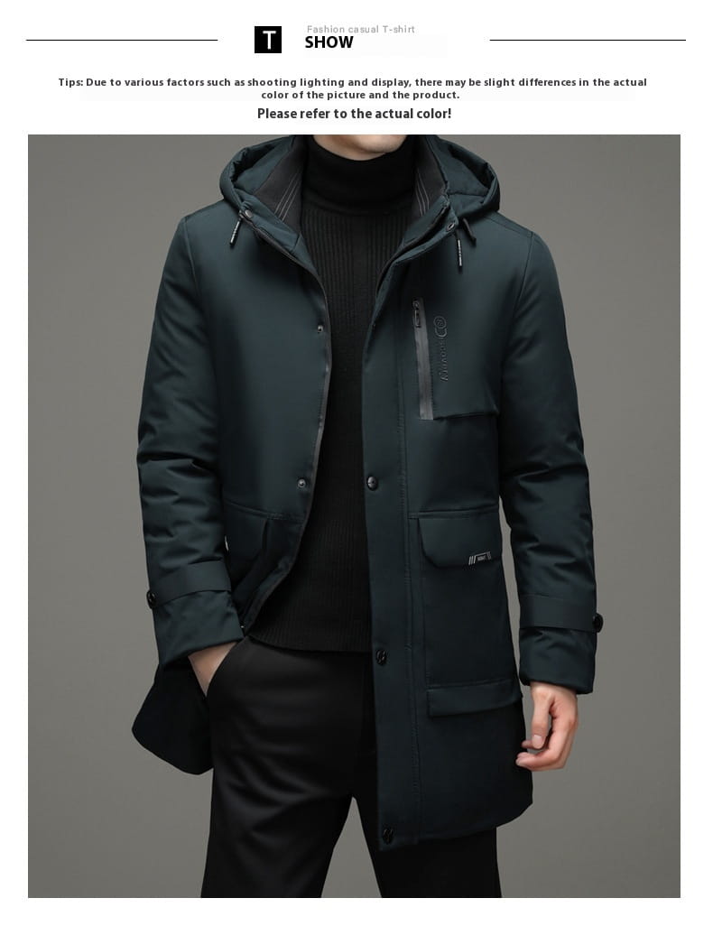 Abrigo de invierno acolchado con capucha para hombre en verde oscuro, con capucha y múltiples bolsillos, diseñado para clima frío.