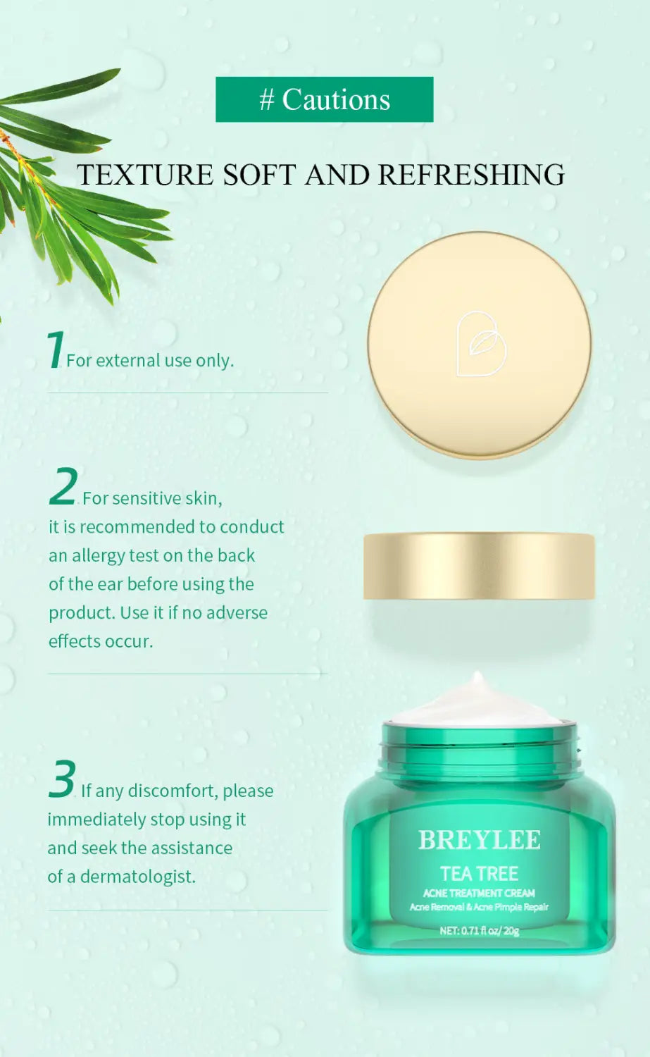 Teal glass jar with gold lid containing white cream labeled Breylee tea tree acne treatment cream for face and neck use 20g.