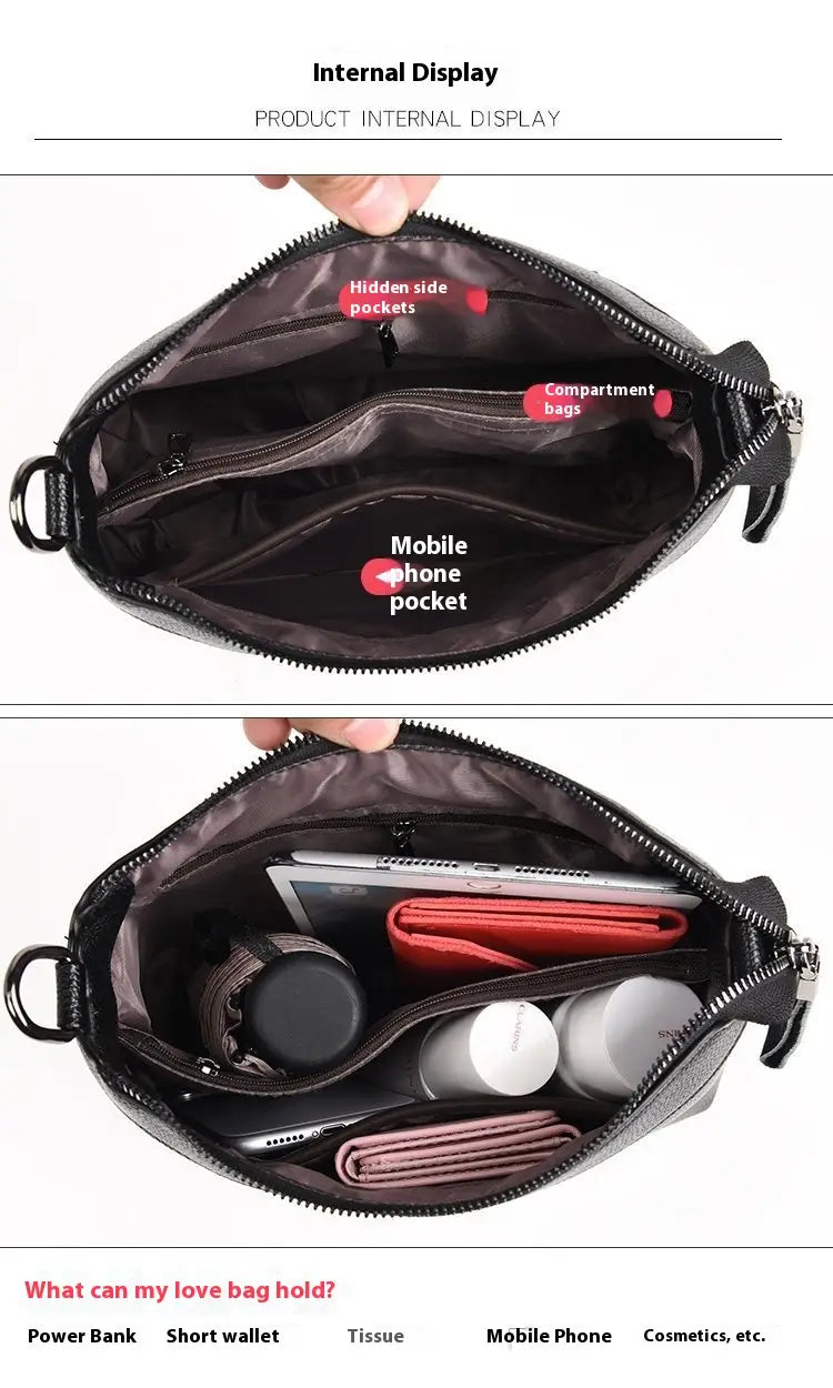 Black leather crossbody handbag with silver chain strap featuring multiple compartments and a hidden side pocket.