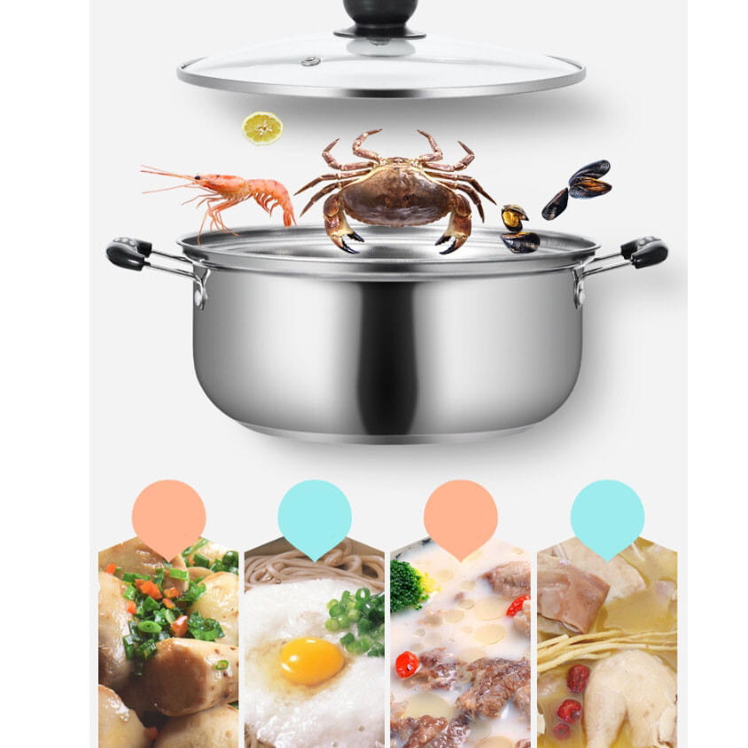 Stainless steel induction cookware set 5 pieces featuring a stainless steel pot with black handles and a clear glass lid.