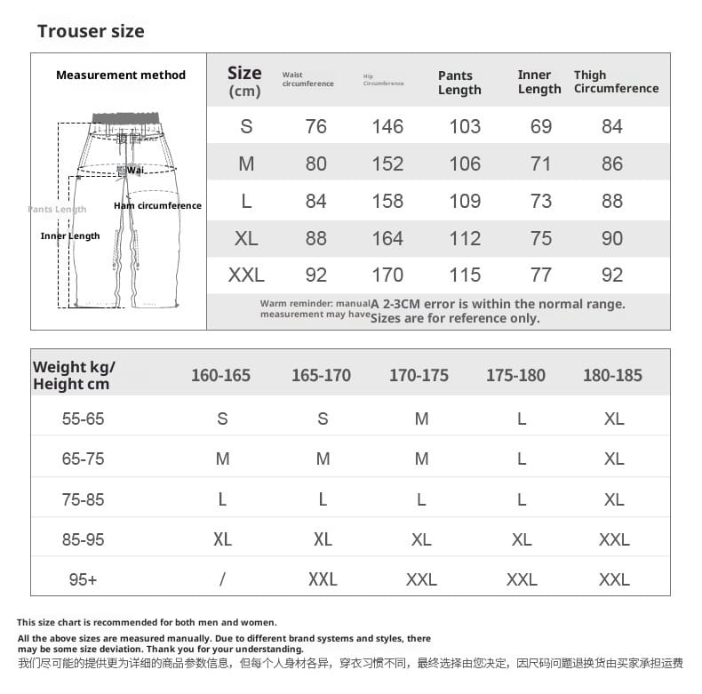 The image shows a size chart in centimeters for waterproof windproof snow pants loose work trousers available in sizes S to XXL.