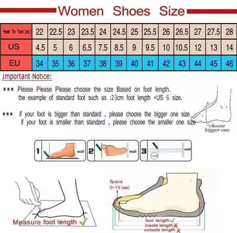 Women’s square toe lace-up leather and suede loafers size chart with measurements in centimeters and US EU sizes featuring illustrated foot measurement guides.