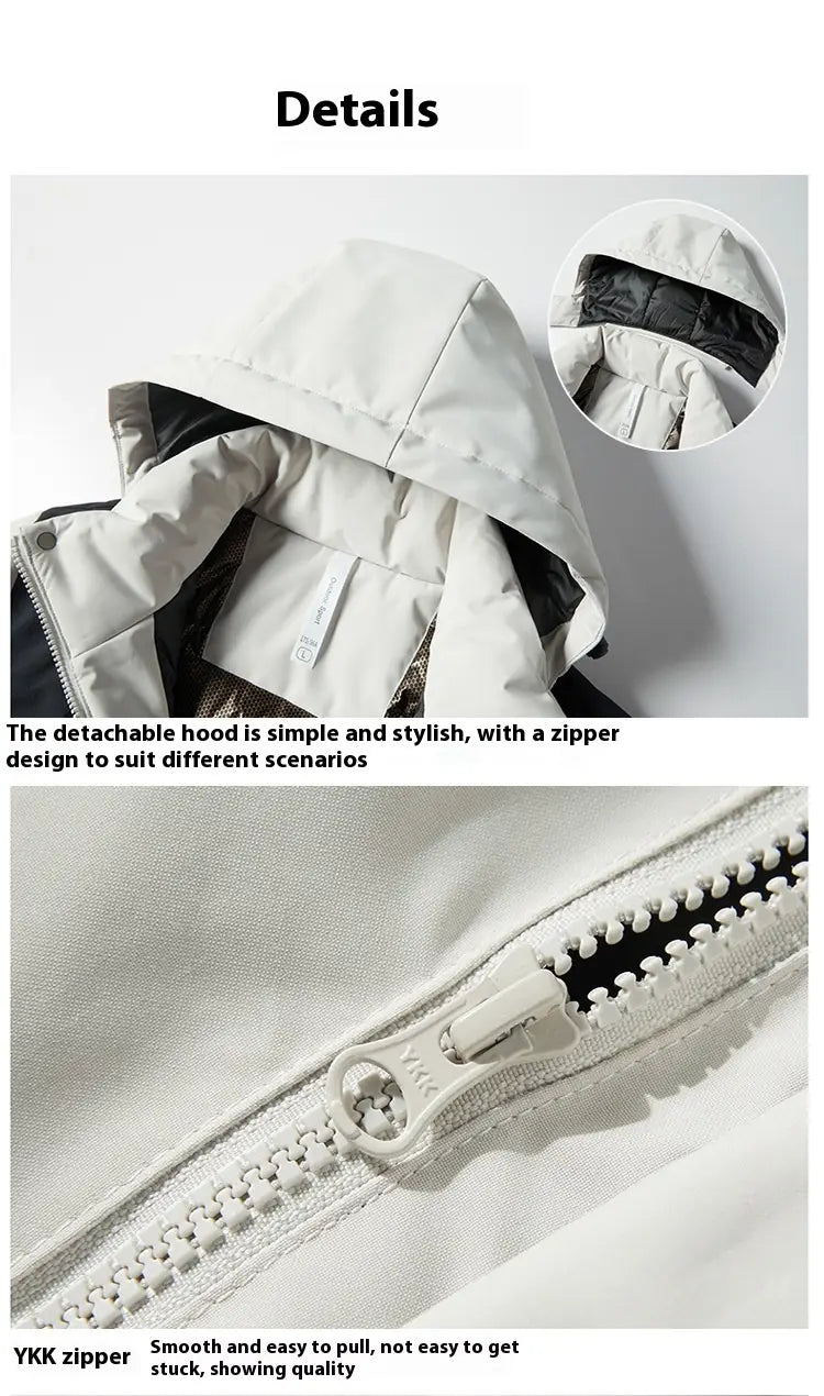 White detachable hood with black inner lining and YKK zipper design on a windproof waterproof puffer jacket.