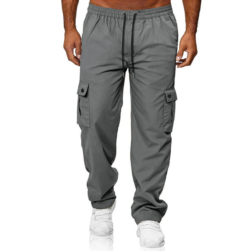 Men’s straight leg gray cargo work pants with side pockets and a drawstring waistband designed for durability and utility.